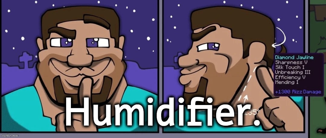 why do the f and i merge | Humidifier. | image tagged in steve mewing | made w/ Imgflip meme maker