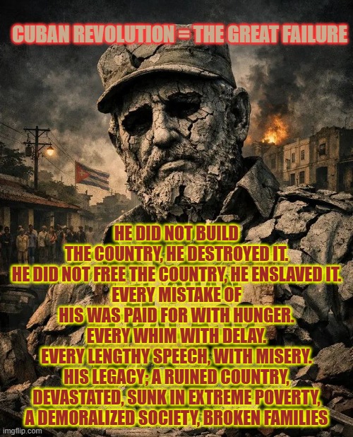 Cuban Revolution = The Great Failure | CUBAN REVOLUTION = THE GREAT FAILURE; HE DID NOT BUILD THE COUNTRY, HE DESTROYED IT.
HE DID NOT FREE THE COUNTRY, HE ENSLAVED IT.
EVERY MISTAKE OF HIS WAS PAID FOR WITH HUNGER.
EVERY WHIM WITH DELAY.
EVERY LENGTHY SPEECH, WITH MISERY.
HIS LEGACY; A RUINED COUNTRY, DEVASTATED, SUNK IN EXTREME POVERTY, A DEMORALIZED SOCIETY, BROKEN FAMILIES | image tagged in cuba,communist socialist,fidel castro,misery,chaos,freedom | made w/ Imgflip meme maker