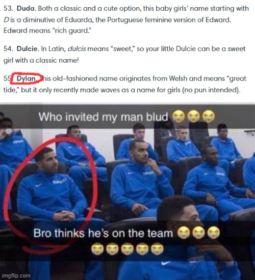 what is a boy name doing in a list of girl names | image tagged in bro thinks he's on the team | made w/ Imgflip meme maker