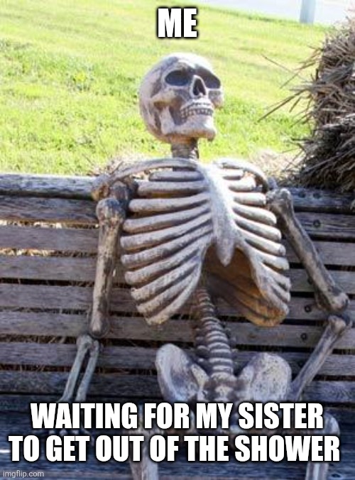 ME WAITING FOR MY SISTER TO GET OUT OF THE SHOWER | image tagged in memes,waiting skeleton | made w/ Imgflip meme maker