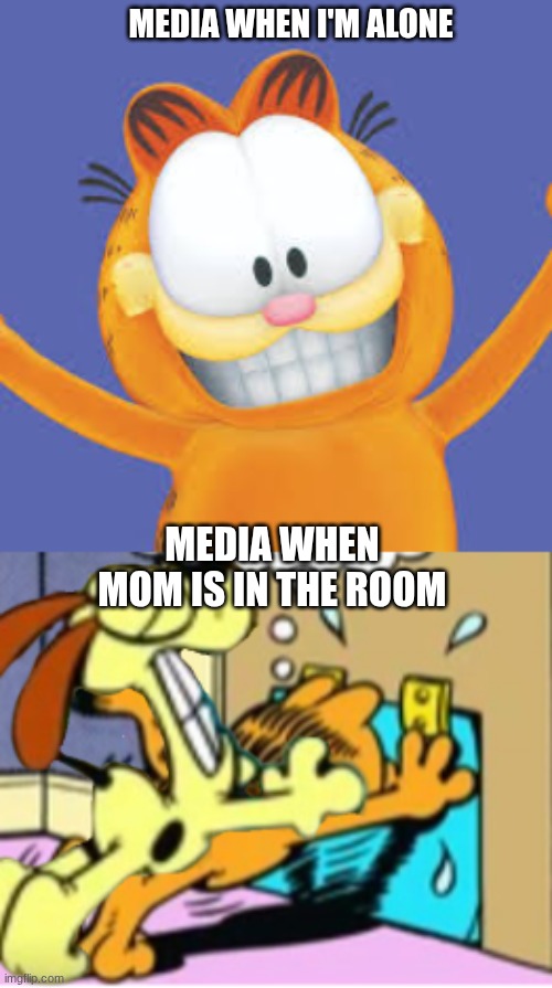 When mom enters the room... | MEDIA WHEN I'M ALONE; MEDIA WHEN MOM IS IN THE ROOM | image tagged in garfield | made w/ Imgflip meme maker