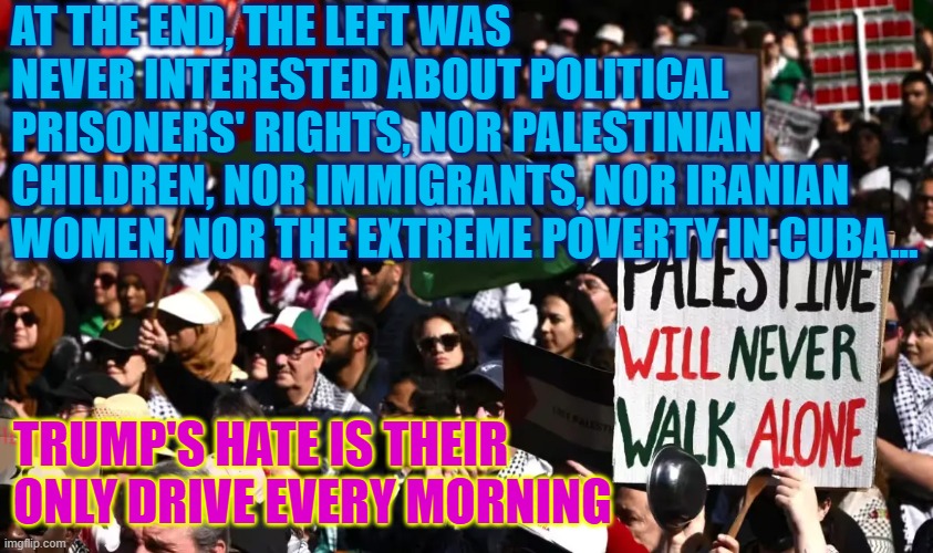 The left is solely consumed by hate | AT THE END, THE LEFT WAS NEVER INTERESTED ABOUT POLITICAL PRISONERS' RIGHTS, NOR PALESTINIAN CHILDREN, NOR IMMIGRANTS, NOR IRANIAN WOMEN, NOR THE EXTREME POVERTY IN CUBA... TRUMP'S HATE IS THEIR ONLY DRIVE EVERY MORNING | image tagged in protesters,rage politics,political vigilantism,political violence,tds,hate | made w/ Imgflip meme maker
