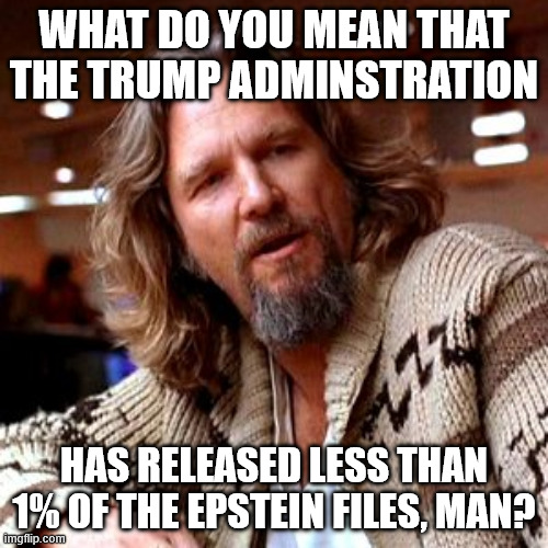 Confused Lebowski Meme | WHAT DO YOU MEAN THAT THE TRUMP ADMINSTRATION; HAS RELEASED LESS THAN 1% OF THE EPSTEIN FILES, MAN? | image tagged in memes,confused lebowski | made w/ Imgflip meme maker