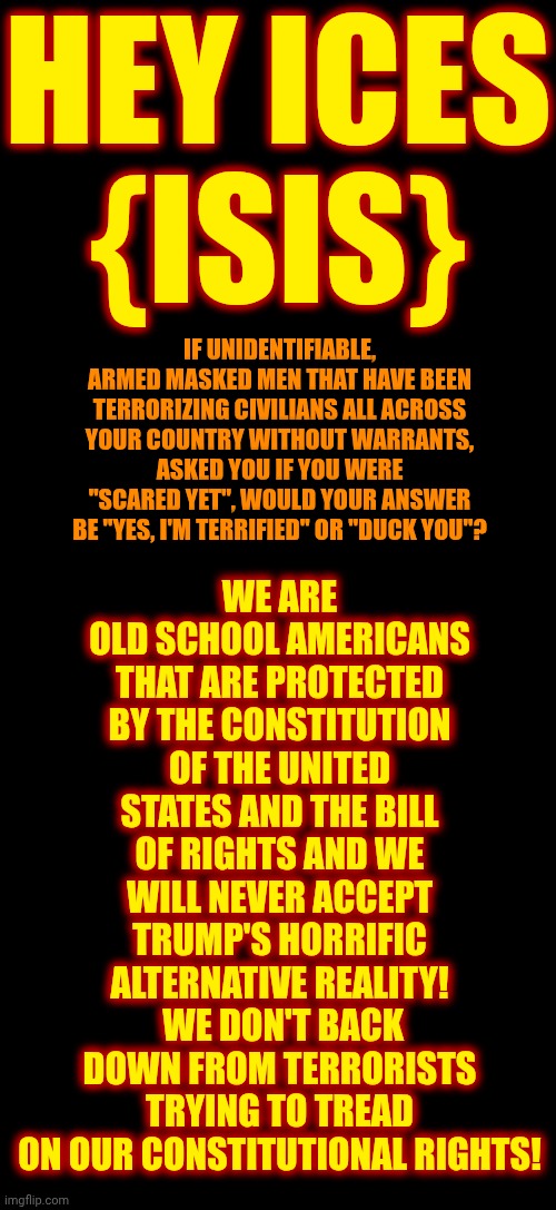 WE, THE PEOPLE, WILL NEVER ACCEPT TRUMP'S HORRIFIC ALTERNATIVE REALITY! | HEY ICES
{ISIS}; WE ARE OLD SCHOOL AMERICANS THAT ARE PROTECTED BY THE CONSTITUTION OF THE UNITED STATES AND THE BILL OF RIGHTS AND WE WILL NEVER ACCEPT TRUMP'S HORRIFIC ALTERNATIVE REALITY!  WE DON'T BACK DOWN FROM TERRORISTS TRYING TO TREAD ON OUR CONSTITUTIONAL RIGHTS! IF UNIDENTIFIABLE, ARMED MASKED MEN THAT HAVE BEEN TERRORIZING CIVILIANS ALL ACROSS YOUR COUNTRY WITHOUT WARRANTS, ASKED YOU IF YOU WERE "SCARED YET", WOULD YOUR ANSWER BE "YES, I'M TERRIFIED" OR "DUCK YOU"? | image tagged in memes,trump unfit unqualified dangerous,impeach trump,lock him up,maga,never | made w/ Imgflip meme maker