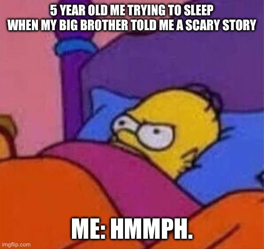 angry homer simpson in bed | 5 YEAR OLD ME TRYING TO SLEEP WHEN MY BIG BROTHER TOLD ME A SCARY STORY; ME: HMMPH. | image tagged in angry homer simpson in bed | made w/ Imgflip meme maker
