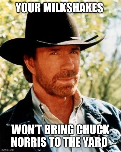 Chuck Norris Meme | YOUR MILKSHAKES; WON’T BRING CHUCK NORRIS TO THE YARD | image tagged in memes,chuck norris | made w/ Imgflip meme maker