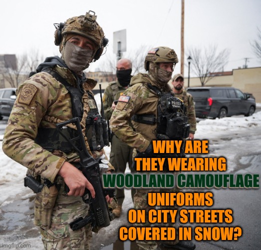 ICES Are The "Bad" Guys Everywhere On Earth Except Over At Faux "News" aka: Nazi Tv | WHY ARE THEY WEARING
WOODLAND CAMOUFLAGE
UNIFORMS ON CITY STREETS COVERED IN SNOW? WOODLAND CAMOUFLAGE | image tagged in memes,trump unfit unqualified dangerous,impeach trump,lock him up,maga,lost souls | made w/ Imgflip meme maker