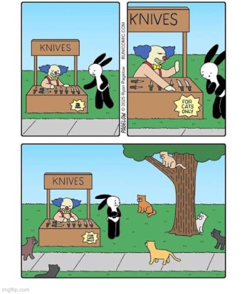 They’ll use ‘em, too… | image tagged in cats,comics,buni comics,clown,knives,murderous intent | made w/ Imgflip meme maker