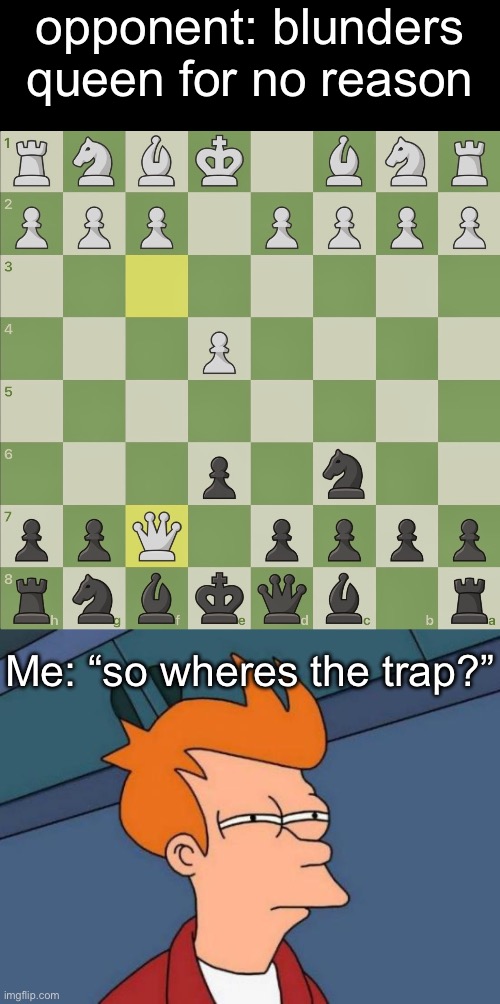 chess meme | opponent: blunders queen for no reason; Me: “so wheres the trap?” | image tagged in memes,futurama fry,funny,funny memes,relatable,chess | made w/ Imgflip meme maker