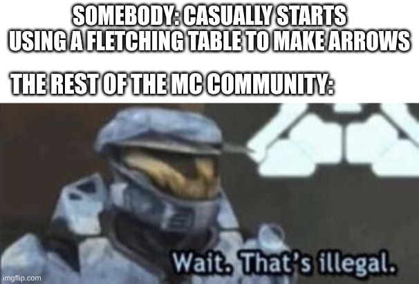 what makes it wierder is that guy dosent have any mods at all | SOMEBODY: CASUALLY STARTS USING A FLETCHING TABLE TO MAKE ARROWS; THE REST OF THE MC COMMUNITY: | image tagged in wait that's illegal,minecraft,fletching table | made w/ Imgflip meme maker