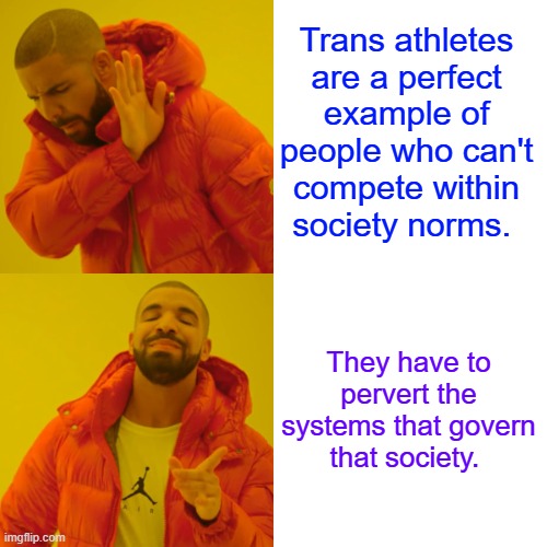 They need special rules for themselves. its the minority ruling over the majority. | Trans athletes are a perfect example of people who can't compete within society norms. They have to pervert the systems that govern that society. | image tagged in memes,drake hotline bling | made w/ Imgflip meme maker
