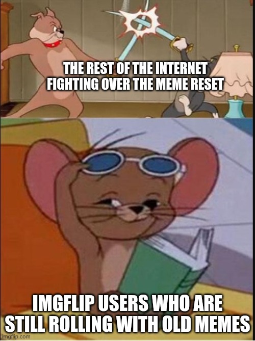 just chill | THE REST OF THE INTERNET FIGHTING OVER THE MEME RESET; IMGFLIP USERS WHO ARE STILL ROLLING WITH OLD MEMES | image tagged in tom and spike fighting,meme reset | made w/ Imgflip meme maker