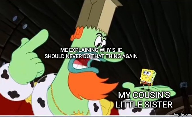 Old template, new memes | ME EXPLAINING WHY SHE SHOULD NEVER DO THAT THING AGAIN; MY COUSIN'S LITTLE SISTER | image tagged in dimana otakmu | made w/ Imgflip meme maker