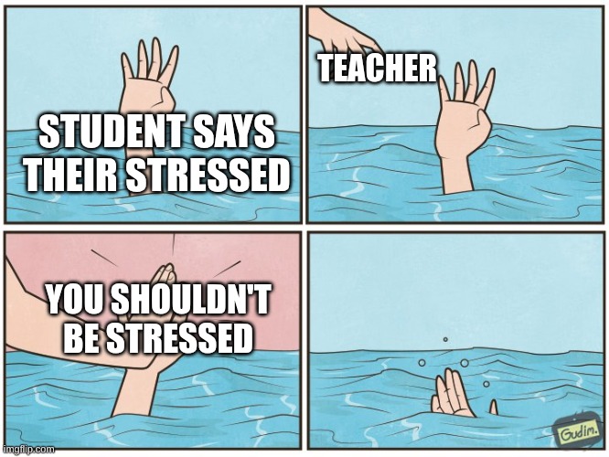 High five drown | TEACHER; STUDENT SAYS THEIR STRESSED; YOU SHOULDN'T BE STRESSED | image tagged in high five drown | made w/ Imgflip meme maker