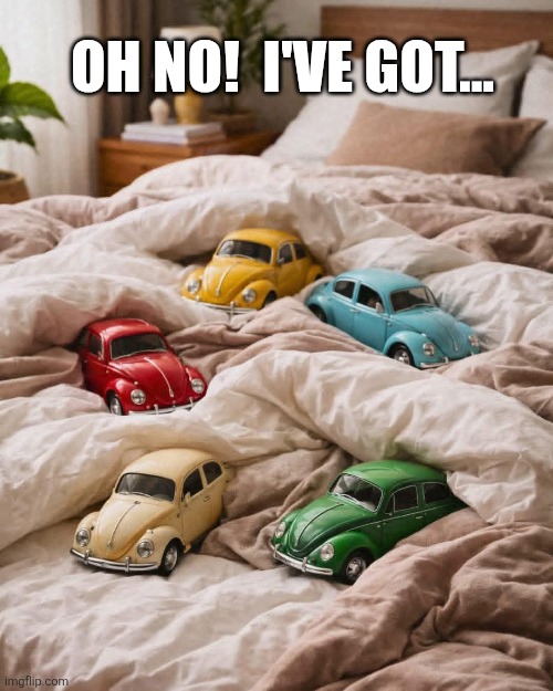 This isn't ladylike... | OH NO!  I'VE GOT... | image tagged in bedbugs,volkswagen,beetle,bed,bugs,eyeroll | made w/ Imgflip meme maker