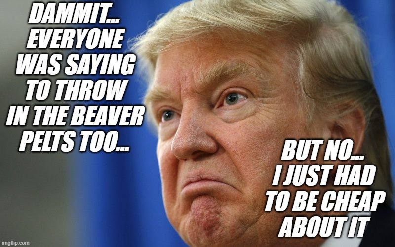 Angry Trump | DAMMIT... EVERYONE WAS SAYING TO THROW IN THE BEAVER PELTS TOO... BUT NO...
I JUST HAD
TO BE CHEAP
ABOUT IT | image tagged in angry trump | made w/ Imgflip meme maker