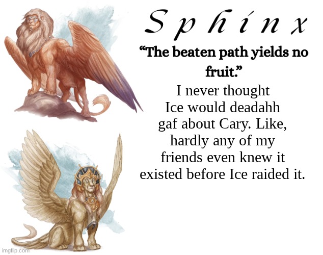 Spinx (aka erocitnaM) | I never thought Ice would deadahh gaf about Cary. Like, hardly any of my friends even knew it existed before Ice raided it. | image tagged in spinx aka erocitnam | made w/ Imgflip meme maker