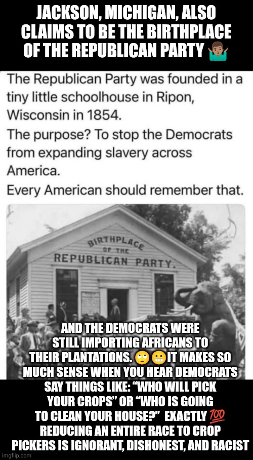 Republican Party Founders | JACKSON, MICHIGAN, ALSO CLAIMS TO BE THE BIRTHPLACE OF THE REPUBLICAN PARTY 🤷🏽‍♂️; AND THE DEMOCRATS WERE STILL IMPORTING AFRICANS TO THEIR PLANTATIONS. 🙄😬IT MAKES SO MUCH SENSE WHEN YOU HEAR DEMOCRATS SAY THINGS LIKE: “WHO WILL PICK YOUR CROPS” OR “WHO IS GOING TO CLEAN YOUR HOUSE?”  EXACTLY 💯
REDUCING AN ENTIRE RACE TO CROP PICKERS IS IGNORANT, DISHONEST, AND RACIST | image tagged in gop,wisconsin,michigan,democrat party,plantation,discrimination | made w/ Imgflip meme maker