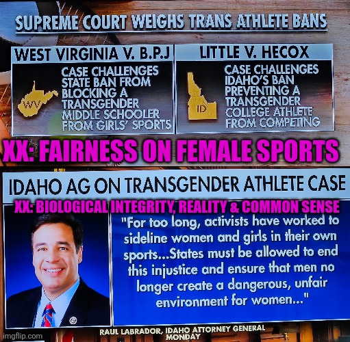 XX: Biological integrity, reality & common sense, fairness on female sports | XX: FAIRNESS ON FEMALE SPORTS; XX: BIOLOGICAL INTEGRITY, REALITY & COMMON SENSE | image tagged in female sports,fairness,biology,xx xy,title ix,scotus | made w/ Imgflip meme maker