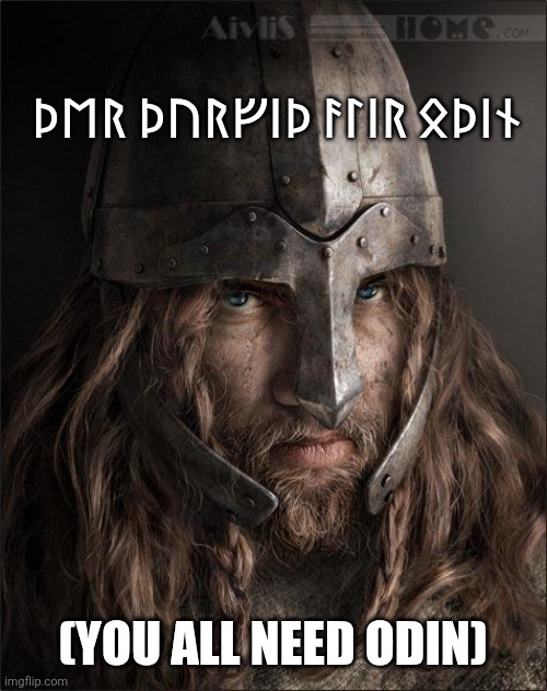 Yall need Odin | ᚦᛖᚱ ᚦᚢᚱᚠᛁᚦ ᚨᛚᛁᚱ ᛟᚦᛁᚾ; (YOU ALL NEED ODIN) | image tagged in viking | made w/ Imgflip meme maker