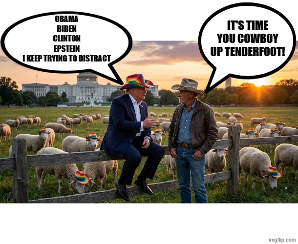 TIME TO COWBOY UP TENDERFOOT! | IT'S TIME YOU COWBOY UP TENDERFOOT! OBAMA
BIDEN
CLINTON
EPSTEIN
I KEEP TRYING TO DISTRACT | image tagged in trump,maga,lgbtq,cowboy wisdom,cowboy up,jeffrey epstein | made w/ Imgflip meme maker