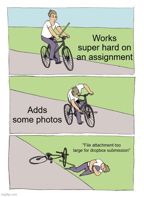 Bike Fall | Works super hard on an assignment; Adds some photos; "File attachment too large for dropbox submission" | image tagged in memes,bike fall | made w/ Imgflip meme maker