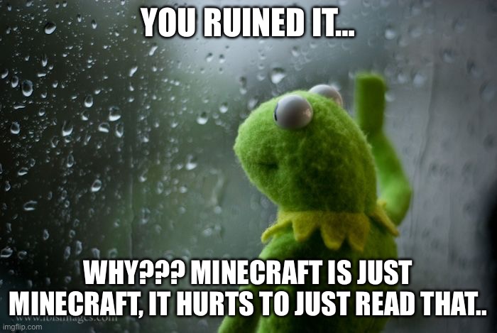 kermit window | YOU RUINED IT… WHY??? MINECRAFT IS JUST MINECRAFT, IT HURTS TO JUST READ THAT.. | image tagged in kermit window | made w/ Imgflip meme maker