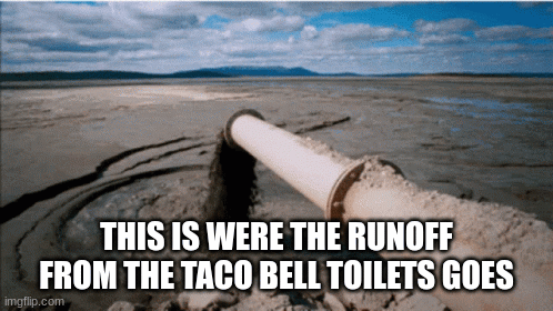 taco bell runoff | THIS IS WERE THE RUNOFF FROM THE TACO BELL TOILETS GOES | image tagged in taco bell,poop | made w/ Imgflip images-to-gif maker