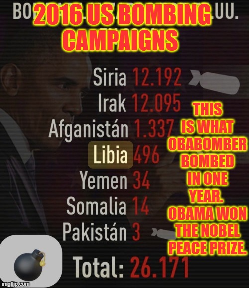OBABOMBER:  2016 US Bombing campaign | 2016 US BOMBING 
CAMPAIGNS; THIS IS WHAT OBABOMBER BOMBED IN ONE YEAR. 
OBAMA WON THE NOBEL PEACE PRIZE. | image tagged in obama,bomb,syria,afghanistan,somalia,pakistan | made w/ Imgflip meme maker