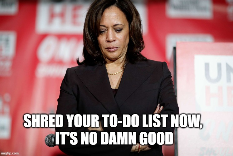 So Much For Kamala's To-Do List | IT'S NO DAMN GOOD; SHRED YOUR TO-DO LIST NOW, | image tagged in kamala harris,former vice president,former future president,we're not going back | made w/ Imgflip meme maker