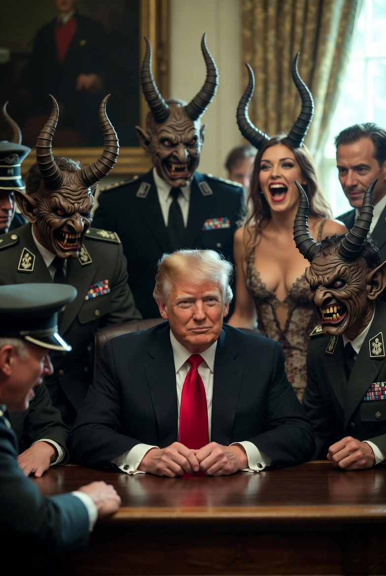 Donald Trump Nazi Demons bloody Hands Satan laughing Blank Meme Template