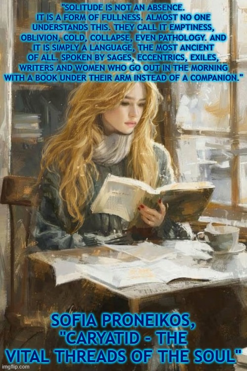 Sofia Proneikos on Solitude | "SOLITUDE IS NOT AN ABSENCE. IT IS A FORM OF FULLNESS. ALMOST NO ONE UNDERSTANDS THIS. THEY CALL IT EMPTINESS, OBLIVION, COLD, COLLAPSE, EVEN PATHOLOGY. AND IT IS SIMPLY A LANGUAGE, THE MOST ANCIENT OF ALL. SPOKEN BY SAGES, ECCENTRICS, EXILES, WRITERS AND WOMEN WHO GO OUT IN THE MORNING WITH A BOOK UNDER THEIR ARM INSTEAD OF A COMPANION."; SOFIA PRONEIKOS, 
"CARYATID - THE VITAL THREADS OF THE SOUL" | image tagged in solitude,literature,philosophy,reading,knowledge,wisdom | made w/ Imgflip meme maker