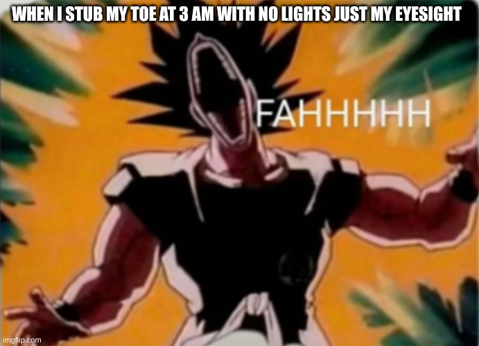 FAHHH | WHEN I STUB MY TOE AT 3 AM WITH NO LIGHTS JUST MY EYESIGHT | image tagged in fahhh | made w/ Imgflip meme maker