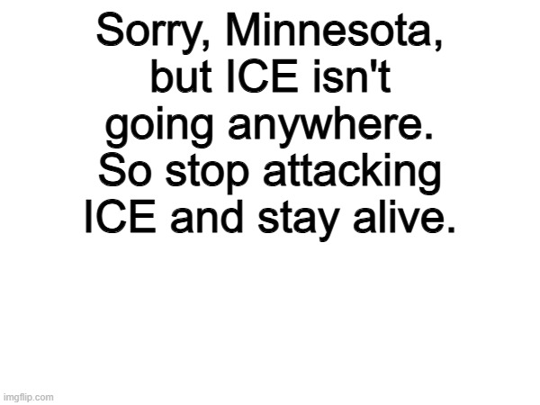Stay safe! | Sorry, Minnesota, but ICE isn't going anywhere. So stop attacking ICE and stay alive. | image tagged in memes,funny,minnesota,politics,political meme | made w/ Imgflip meme maker