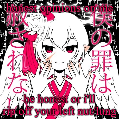 honest opinions on me; be honest or i'll rip off your left nut/lung | made w/ Imgflip meme maker