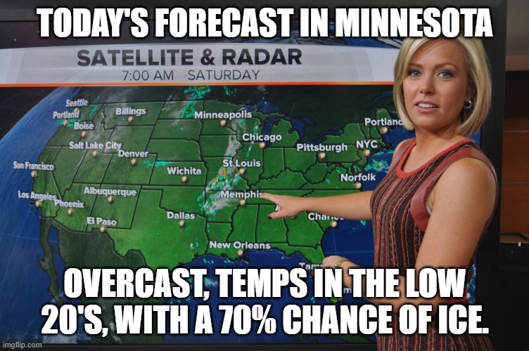 LOL!! | TODAY'S FORECAST IN MINNESOTA; OVERCAST, TEMPS IN THE LOW 20'S, WITH A 70% CHANCE OF ICE. | image tagged in weather forecast,minnesota,democrats,lol | made w/ Imgflip meme maker