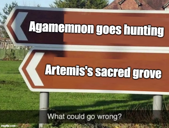 What could go wrong | Agamemnon goes hunting; Artemis's sacred grove | image tagged in what could go wrong,agamemnon,artemis,mythology | made w/ Imgflip meme maker