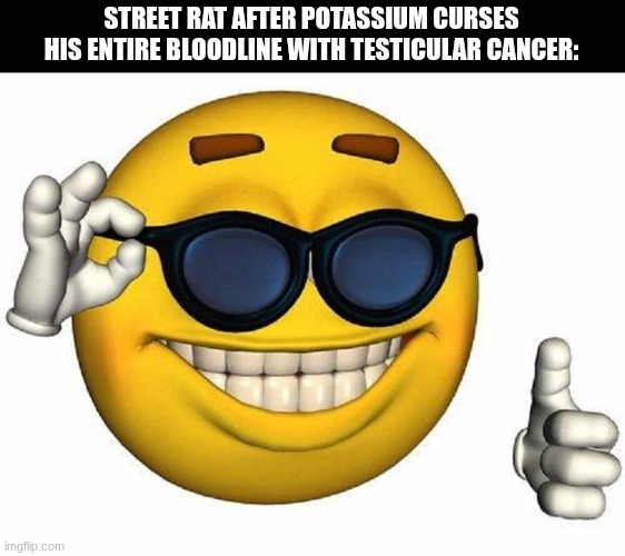self slander | STREET RAT AFTER POTASSIUM CURSES HIS ENTIRE BLOODLINE WITH TESTICULAR CANCER: | image tagged in thumbs up emoji | made w/ Imgflip meme maker