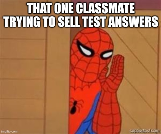 psst spiderman | THAT ONE CLASSMATE TRYING TO SELL TEST ANSWERS | image tagged in psst spiderman | made w/ Imgflip meme maker