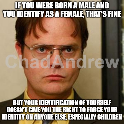 The same goes for females who identify as male. You can play your game with yourself. | IF YOU WERE BORN A MALE AND YOU IDENTIFY AS A FEMALE, THAT'S FINE; BUT YOUR IDENTIFICATION OF YOURSELF DOESN'T GIVE YOU THE RIGHT TO FORCE YOUR IDENTITY ON ANYONE ELSE, ESPECIALLY CHILDREN | image tagged in dwight fact,transgender,lgbtq,queer | made w/ Imgflip meme maker