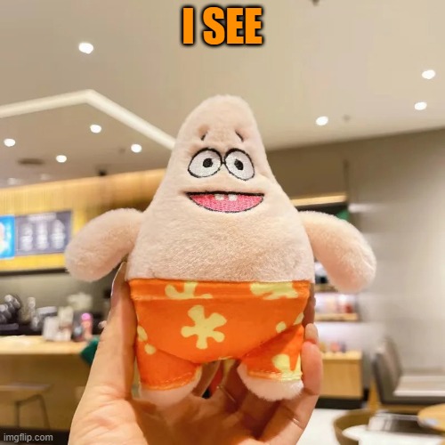 Fake Patrick Plush | I SEE | image tagged in fake patrick plush | made w/ Imgflip meme maker