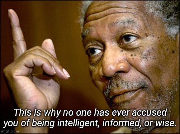 Morgan Freeman pointing - unintelligent | This is why no one has ever accused you of being intelligent, informed, or wise. | image tagged in morgan freeman pointing,morgan freeman,special kind of stupid,stupid,stupid people be like,stupid liberals | made w/ Imgflip meme maker