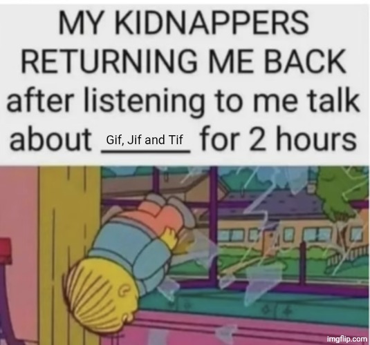 gif, jif and tif | Gif, Jif and Tif | image tagged in my kidnappers returning me after i talk about ___ for 2 hours,gif,jif,tif | made w/ Imgflip meme maker