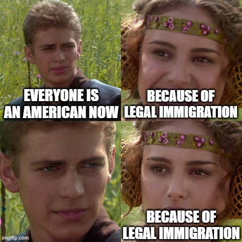 Anakin Padme 4 Panel | EVERYONE IS AN AMERICAN NOW; BECAUSE OF LEGAL IMMIGRATION; BECAUSE OF LEGAL IMMIGRATION | image tagged in anakin padme 4 panel | made w/ Imgflip meme maker