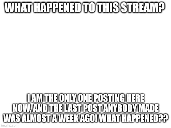 I feel lonely without anyone here... :( | WHAT HAPPENED TO THIS STREAM? I AM THE ONLY ONE POSTING HERE NOW, AND THE LAST POST ANYBODY MADE WAS ALMOST A WEEK AGO! WHAT HAPPENED?? | image tagged in blank white template | made w/ Imgflip meme maker