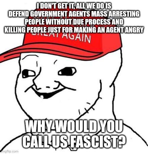 They literally support big government inflicting violence on people and are completely unaware that is literally fascism | I DON'T GET IT, ALL WE DO IS DEFEND GOVERNMENT AGENTS MASS ARRESTING PEOPLE WITHOUT DUE PROCESS AND KILLING PEOPLE JUST FOR MAKING AN AGENT ANGRY; WHY WOULD YOU CALL US FASCIST? | image tagged in maga,trump supporters,conservative logic,ice,tyranny | made w/ Imgflip meme maker