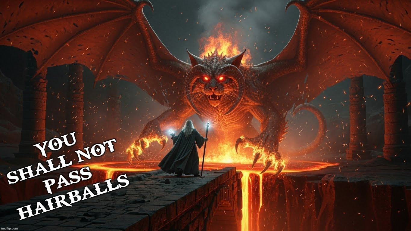 Balmog | YOU
SHALL NOT
PASS
HAIRBALLS | image tagged in lotr,lord of the rings,cat,kitty,balrog,gandalf you shall not pass | made w/ Imgflip meme maker