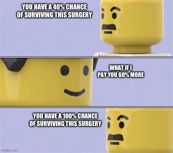 LEGO Docter | YOU HAVE A 40% CHANCE OF SURVIVING THIS SURGERY; WHAT IF I PAY YOU 60% MORE; YOU HAVE A 100% CHANCE OF SURVIVING THIS SURGERY | image tagged in lego docter,rigged,yikes,what | made w/ Imgflip meme maker