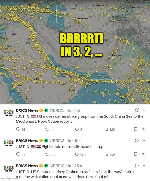 Every time Graham thinks about sweaty brown boys he gets flushed | BRRRRT!
IN 3, 2, ... | image tagged in iran,israel,middle east,us military,america first,brics | made w/ Imgflip meme maker