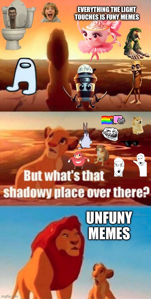 Simba Shadowy Place | EVERYTHING THE LIGHT TOUCHES IS FUNY MEMES; UNFUNY MEMES | image tagged in memes,simba shadowy place | made w/ Imgflip meme maker